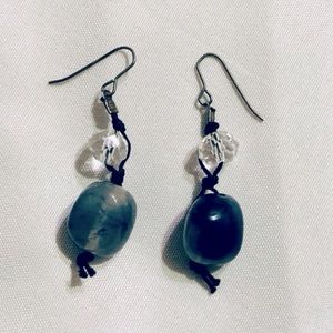 Vintage Blue Stone Black Twine Beaded Dangle Earrings
